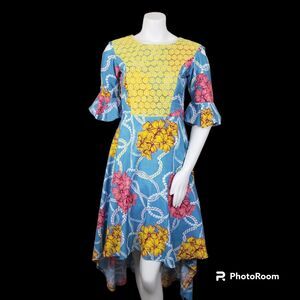Spanish Style Dress Sz XS 0-2 Blue High Low Floral Crochet Bodice Party Extra Sm